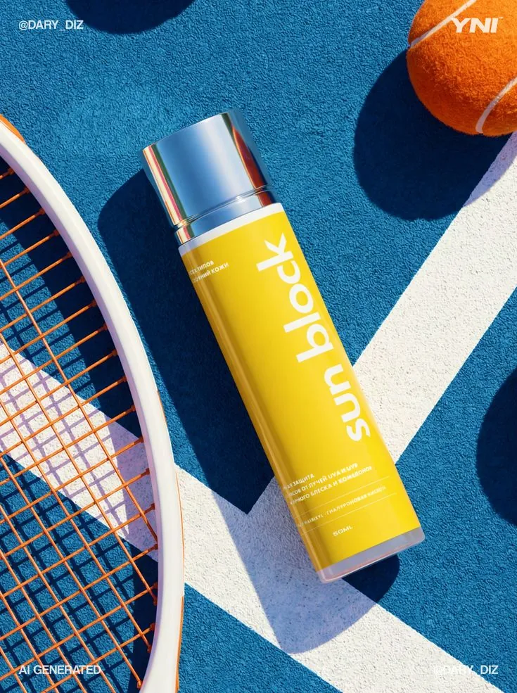 Yellow sun care bottle on a blue tennis court beside a racket